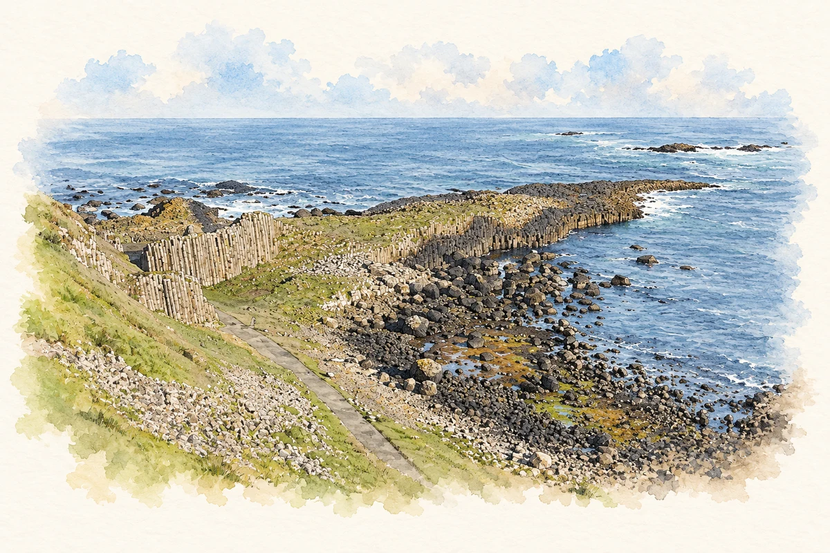 Watercolour and ink landscape of the Giant’s Causeway basalt promontory and rocky coast in County Antrim.