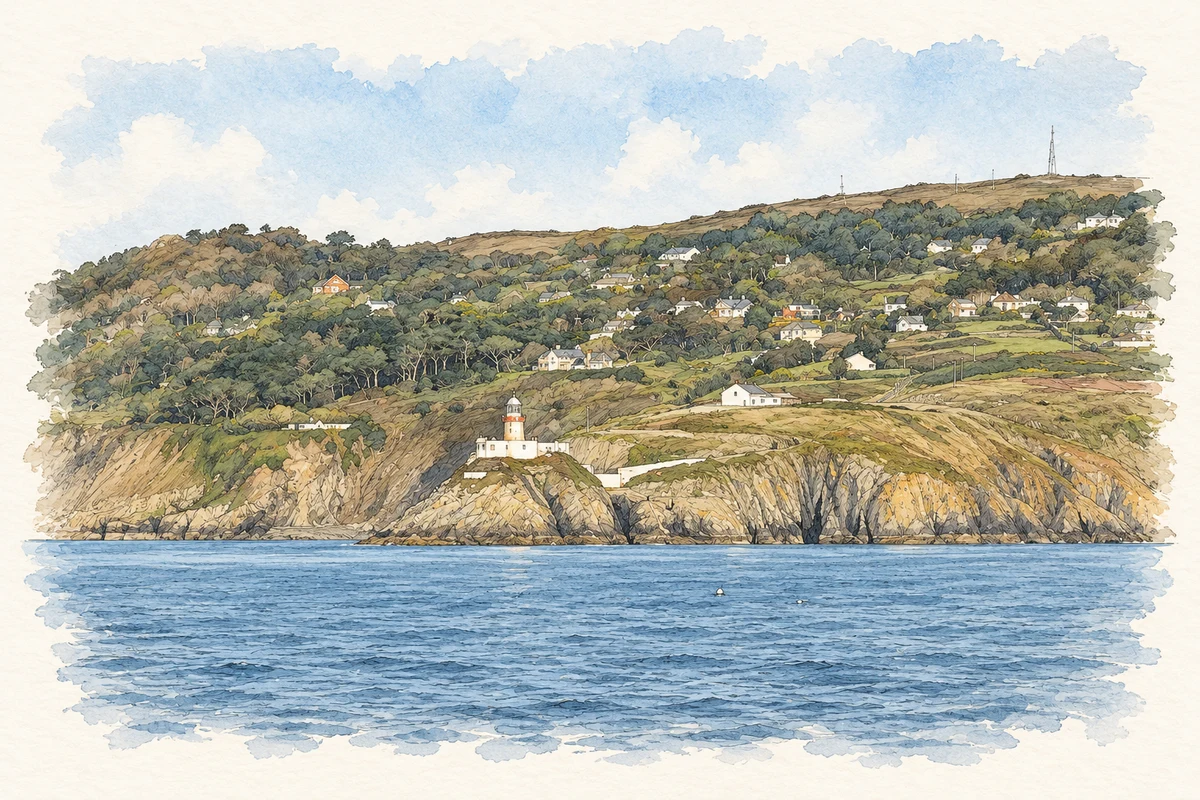 Watercolour and fine ink illustration of Howth Head and Baily Lighthouse, County Dublin in County Dublin.