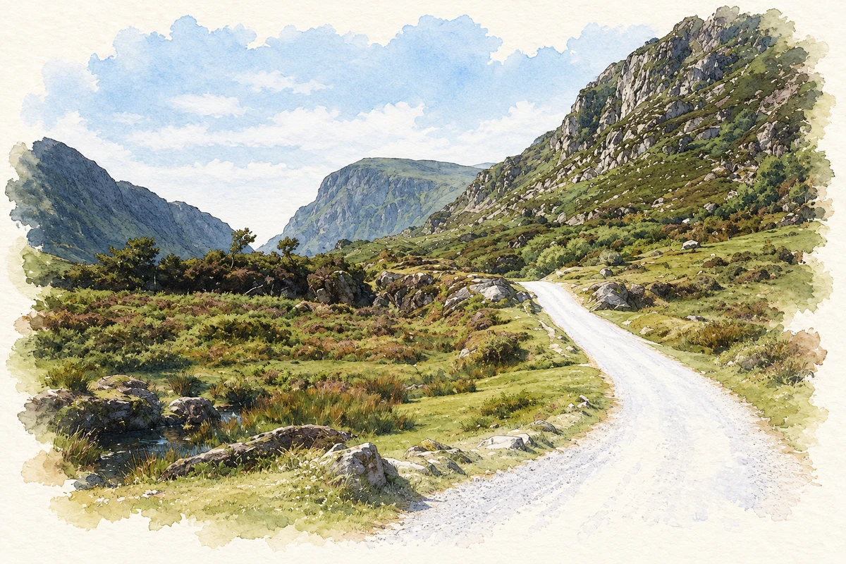 Watercolour and fine ink illustration of Gap of Dunloe, County Kerry in County Kerry.