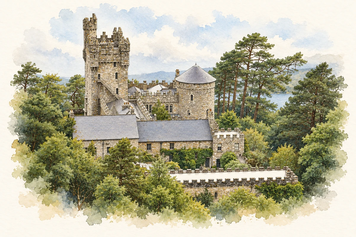 Watercolour and fine ink illustration of Glenveagh Castle, County Donegal in County Donegal.