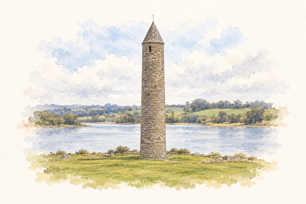 Watercolour and fine ink illustration of Devenish Round Tower, County Fermanagh in County Fermanagh.