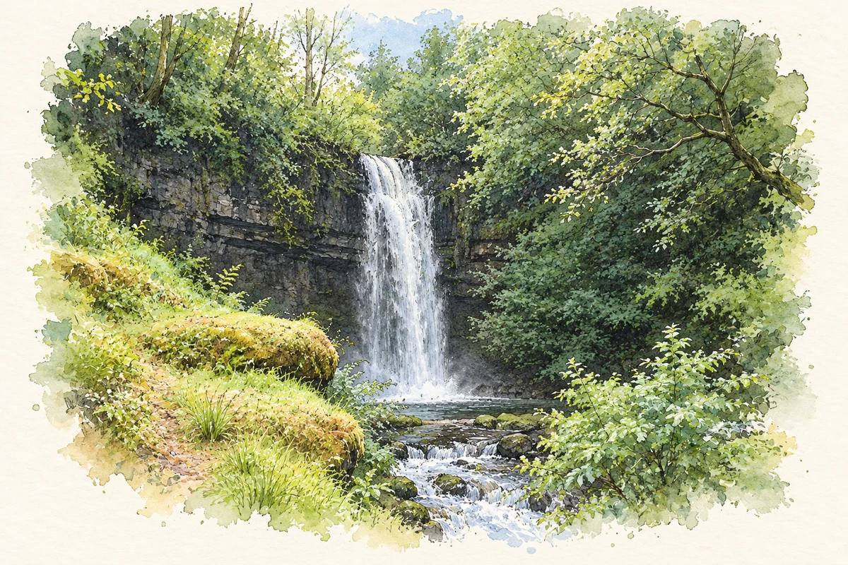 Watercolour and fine ink illustration of Glencar Waterfall, County Leitrim in County Leitrim.