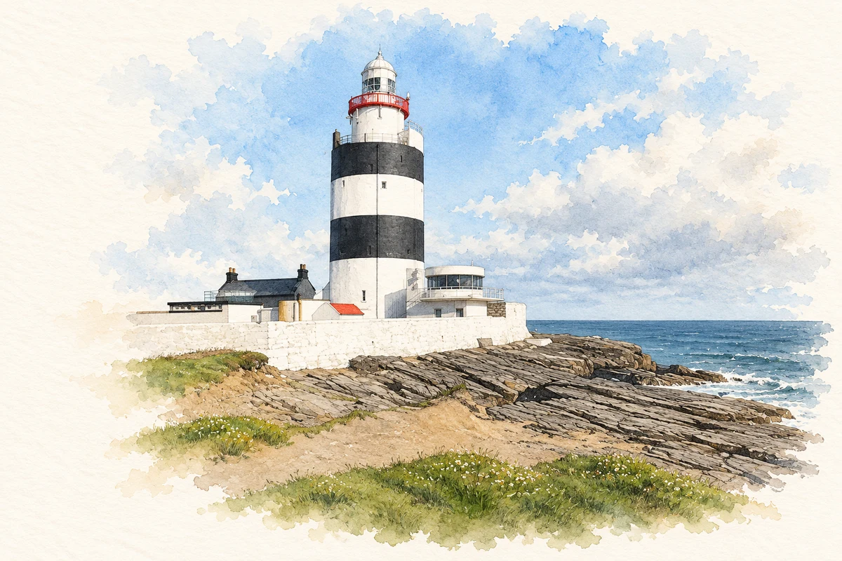 Watercolour and fine ink illustration of Hook Lighthouse, County Wexford in County Wexford.