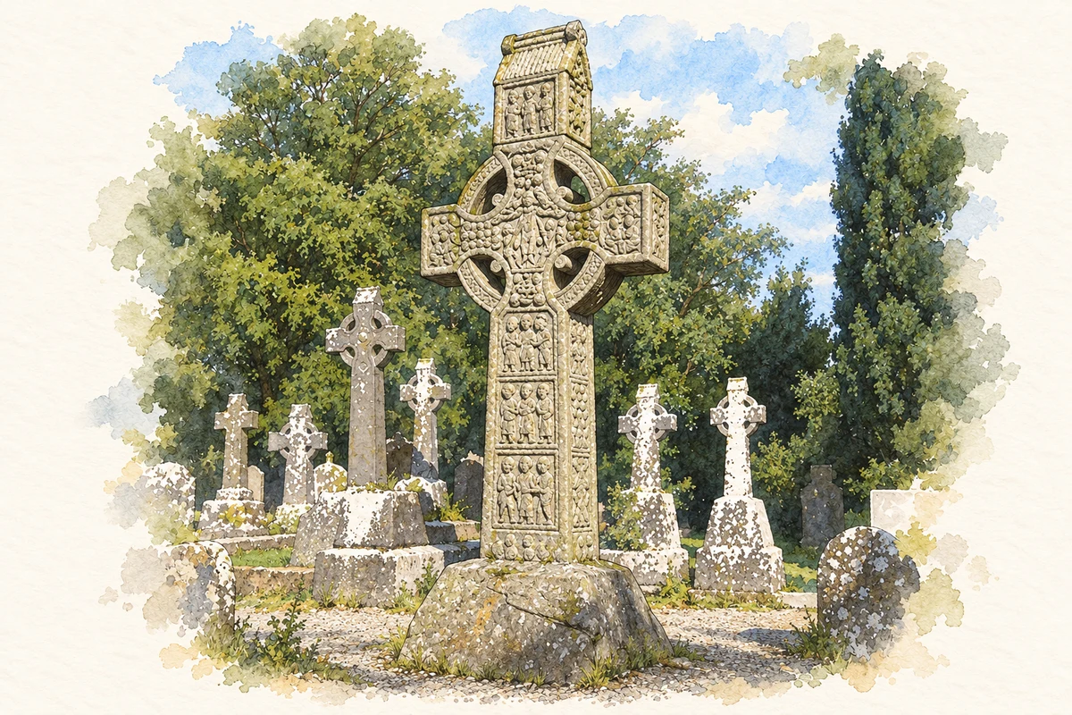 Watercolour and fine ink illustration of Muiredach’s High Cross, Monasterboice in County Louth.