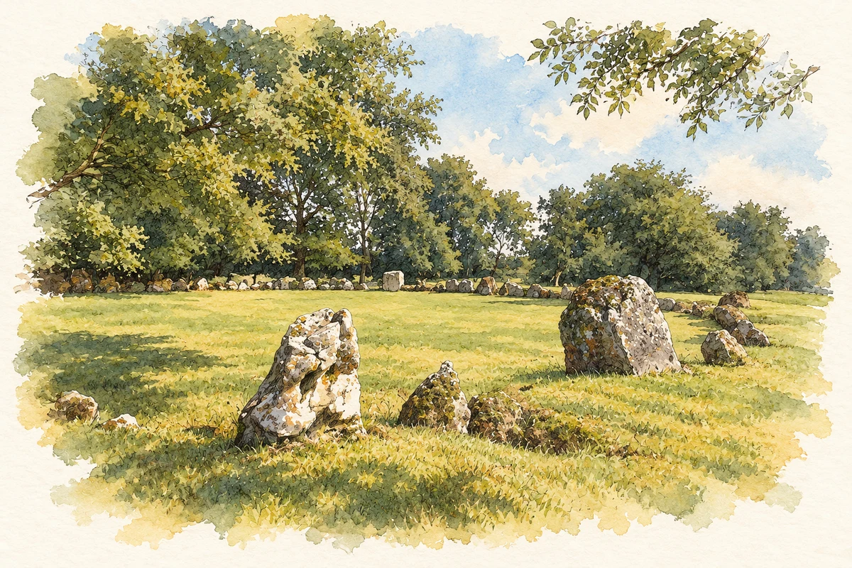 Watercolour and fine ink illustration of Grange Stone Circle, County Limerick in County Limerick.