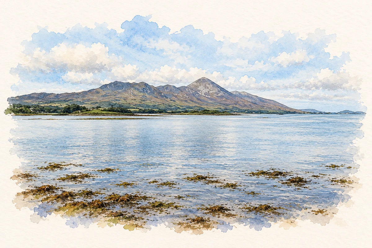 Watercolour and fine ink illustration of Croagh Patrick across Clew Bay, County Mayo in County Mayo.