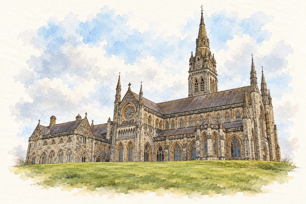Watercolour and fine ink illustration of St Macartan’s Cathedral, Monaghan in County Monaghan.