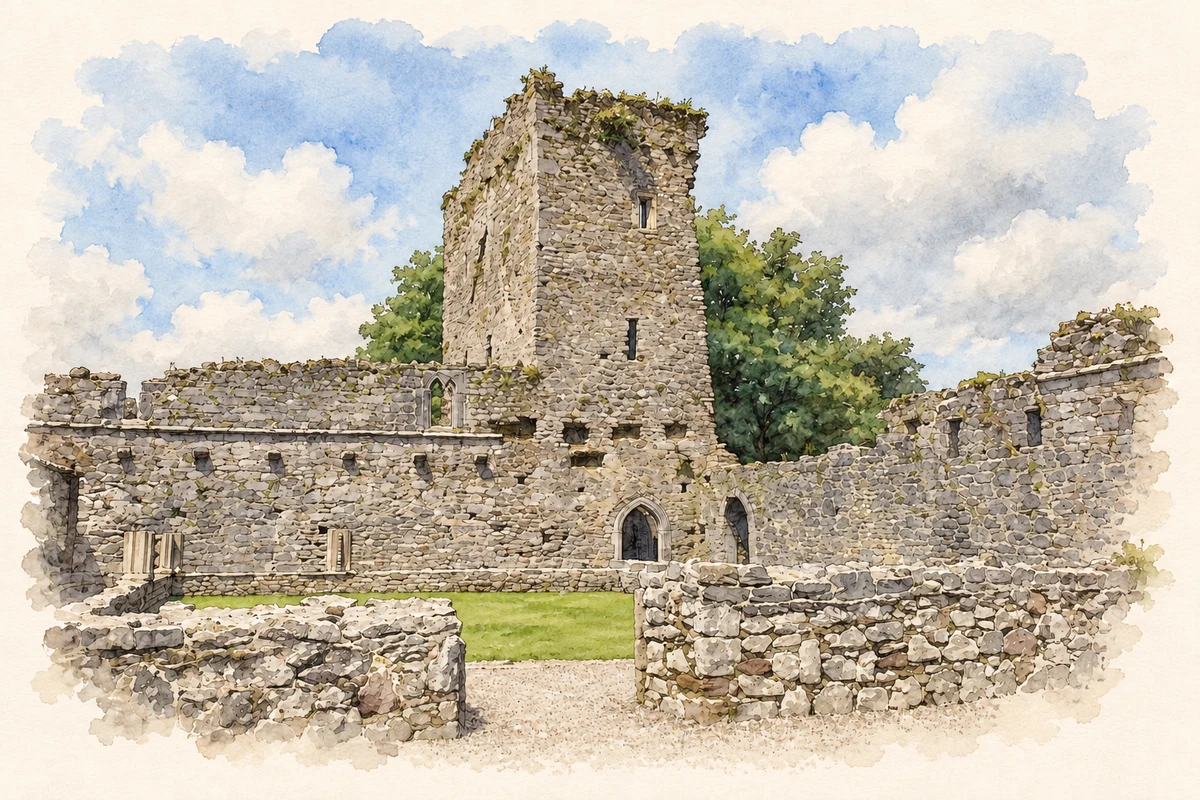 Watercolour and fine ink illustration of Cloister and central tower remains, Castlelyons Friary.
