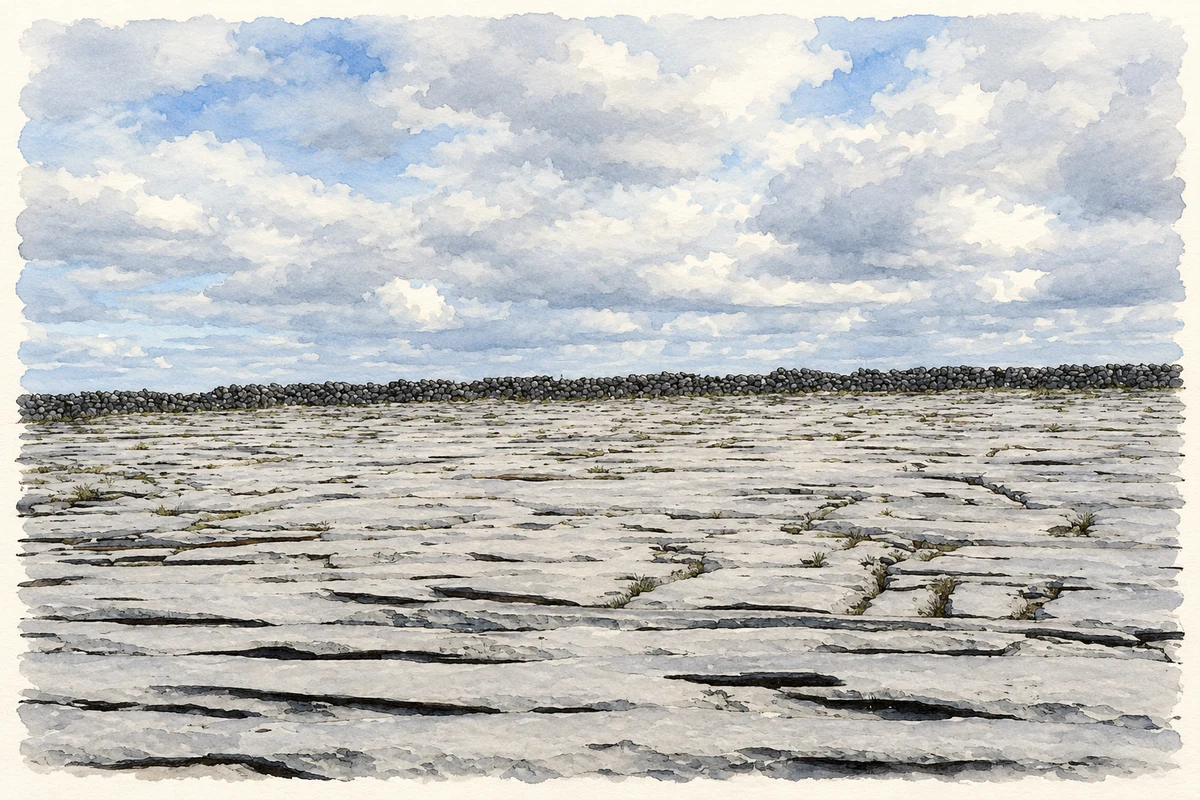 Watercolour and fine ink illustration of Limestone pavement on Cappanawalla.