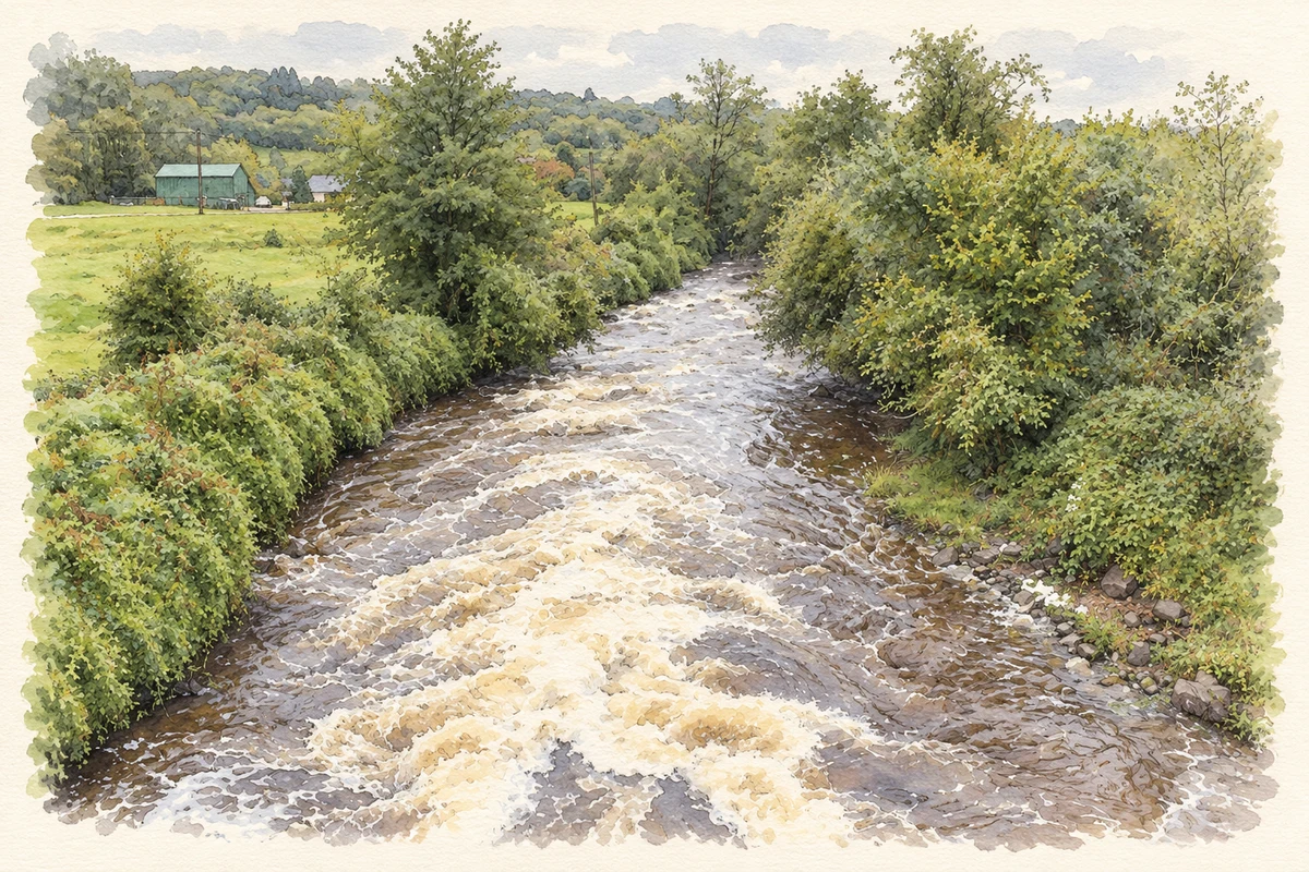Watercolour and fine ink illustration of Cleady River.