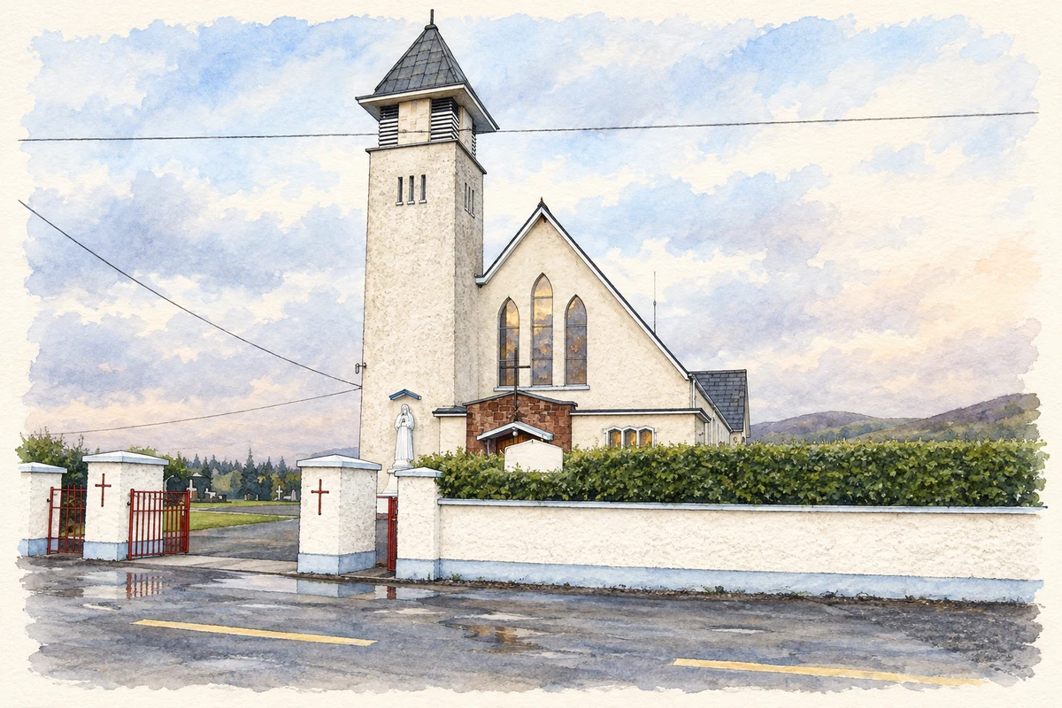 Watercolour and fine ink illustration of Saint Finian’s Church at New Chapel Crossroads, as photographed in September 2007.