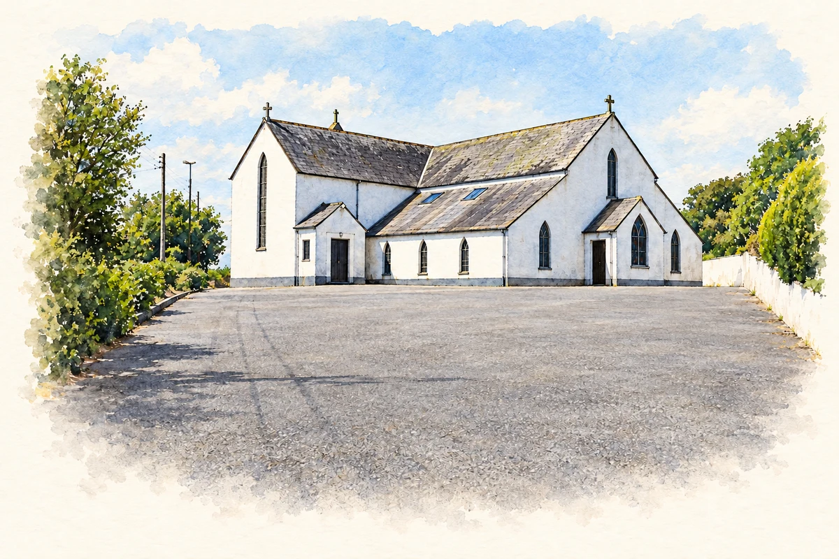Watercolour and fine ink illustration of Saint Moling’s Church at Glynn, as photographed in 2019.