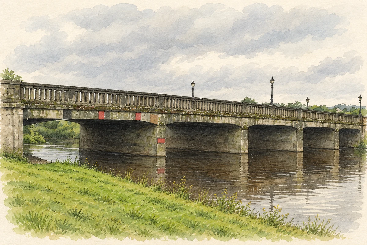Watercolour and fine ink illustration of Royal Oak Bridge over the River Barrow, County Carlow, as photographed in June 2007.