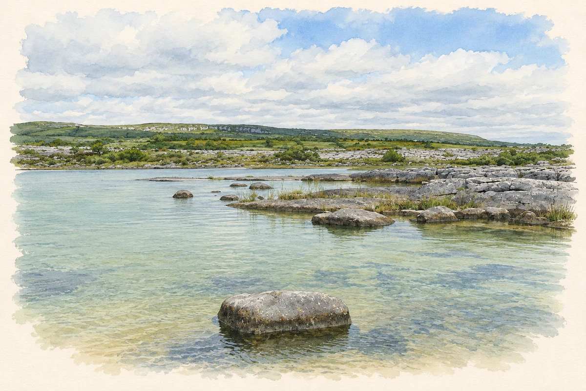 Watercolour and fine ink illustration of Lough Gealain near Glenroe, as photographed in 2005.