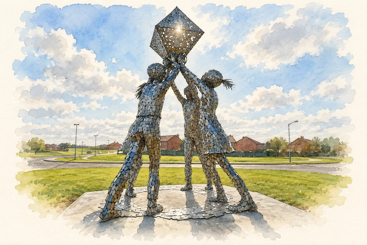 Watercolour and fine ink illustration of Maurice Harron’s Galliagh roundabout sculpture near Galliagh, as photographed in 2011.