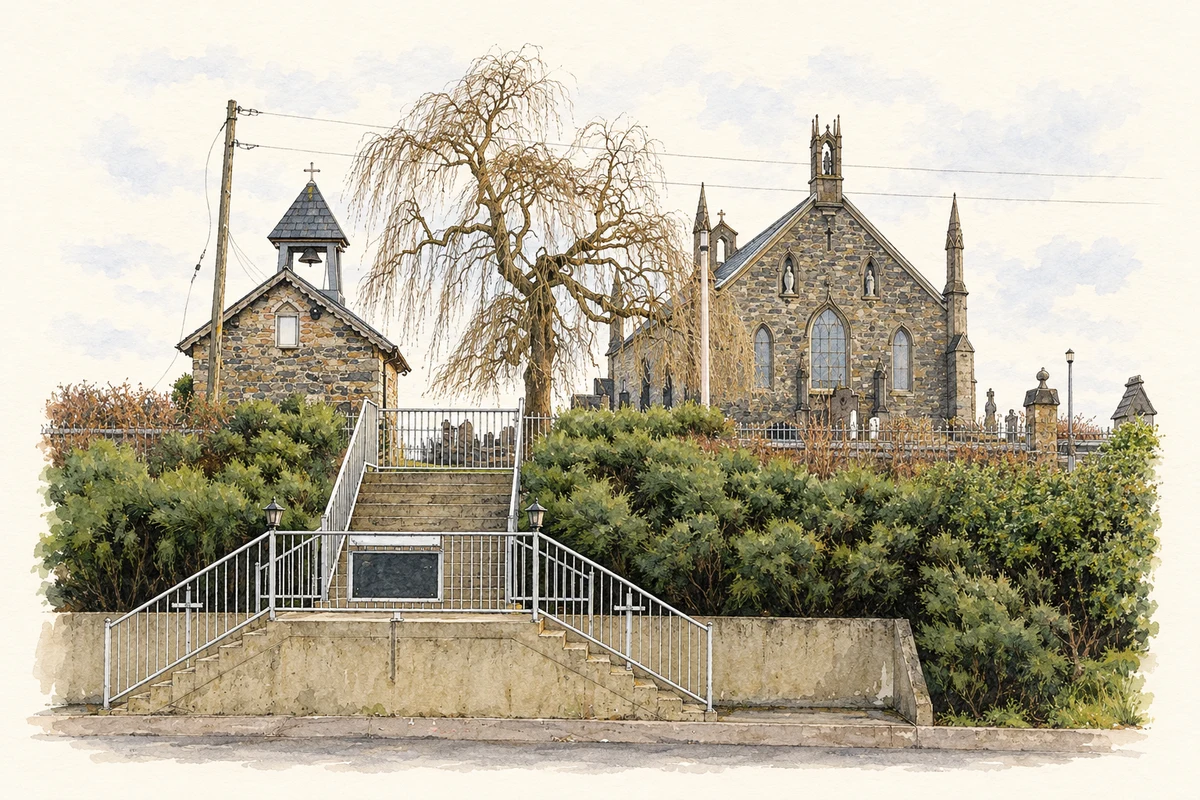 Watercolour and fine ink illustration of The Catholic church at Staghall, County Cavan, as photographed in February 2007.