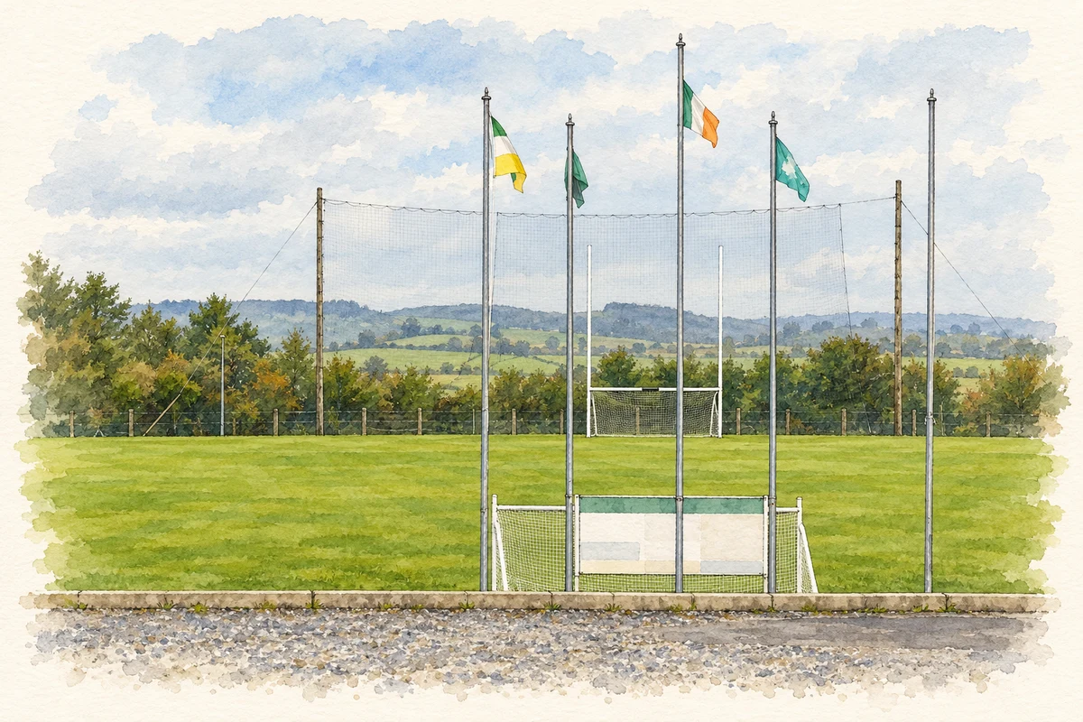 Watercolour and fine ink illustration of Crookedwood Hurling Club grounds.