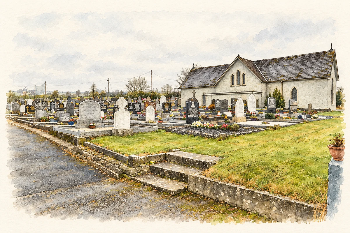 Watercolour and fine ink illustration of The church and graveyard at Whitehall, Milltown, County Westmeath, as photographed in January 2023.
