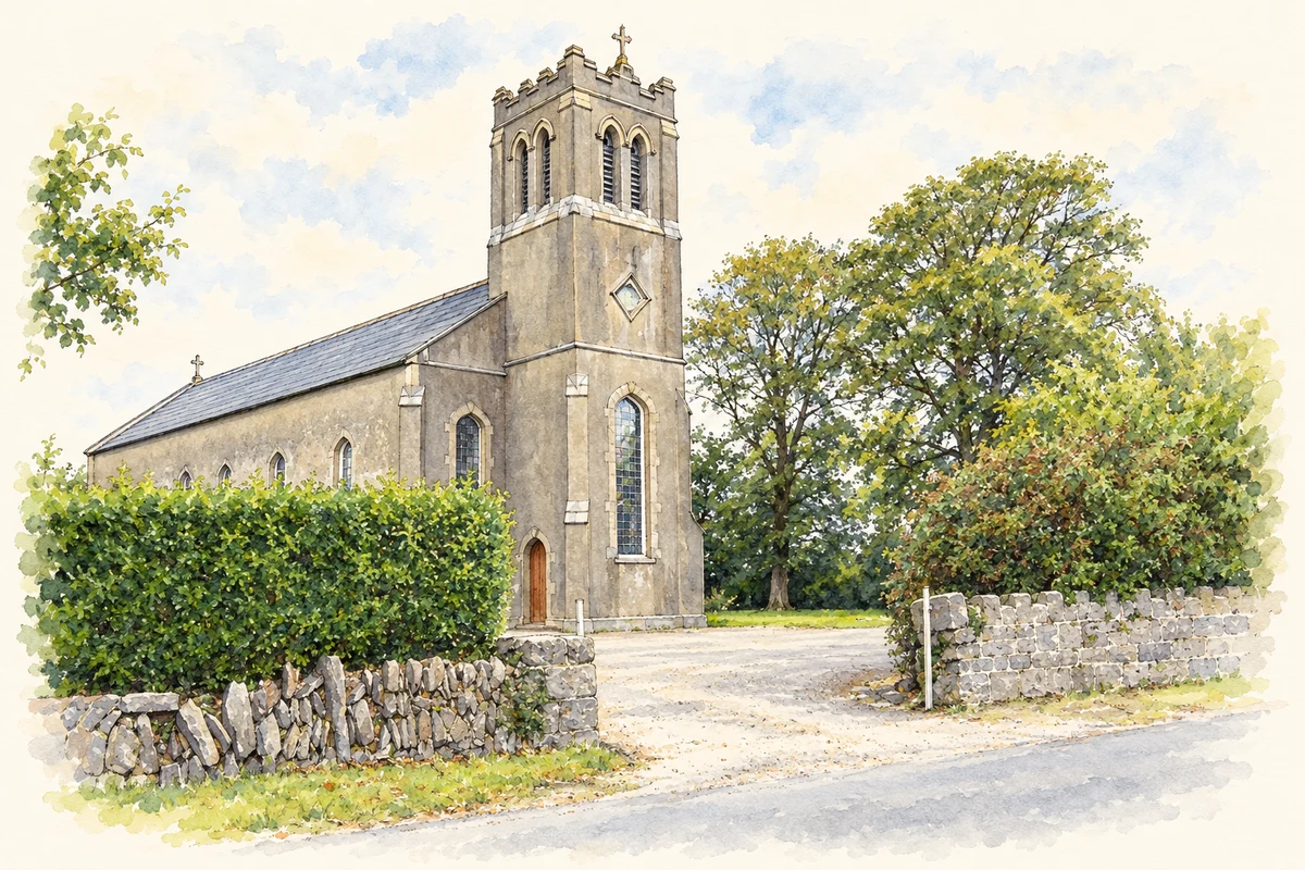 Watercolour and fine ink illustration of Church of the Assumption, Sandpit, County Louth.