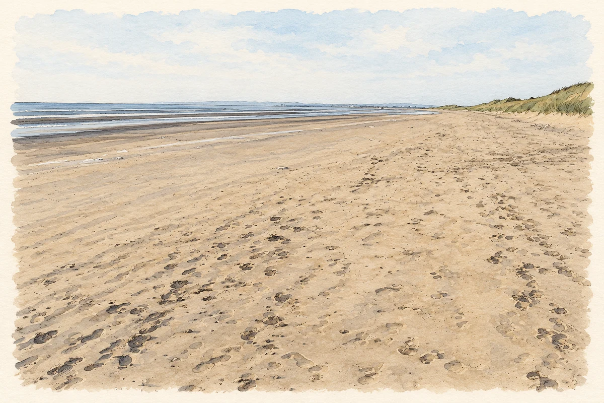 Watercolour and fine ink illustration of Looking south along the beach beside Seapoint Golf Club, County Louth, as photographed in September 2012.