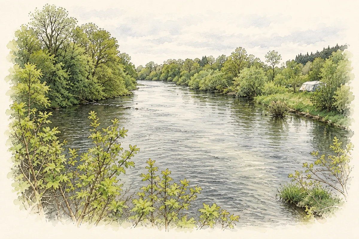 Watercolour and fine ink illustration of River Shannon at Battle Bridge.