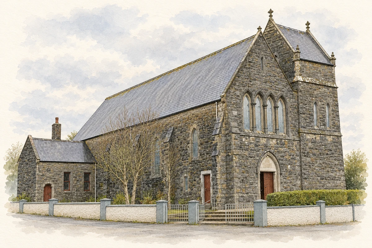 Watercolour and fine ink illustration of Breedoge Church.