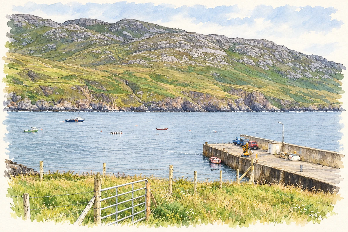 Watercolour and fine ink illustration of The quay at Lenan Bay near Lenankeel, as photographed in 2017.