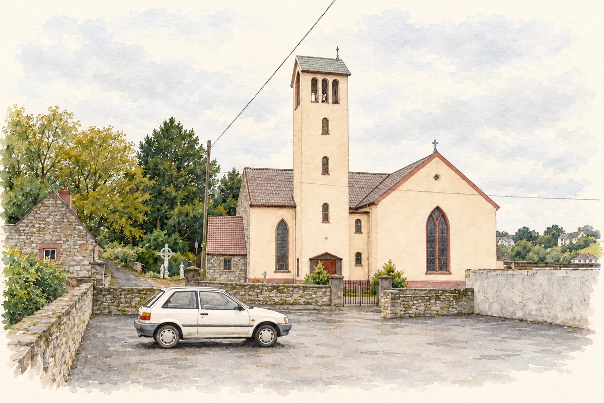 Watercolour and fine ink illustration of Rathcormack Church, County Sligo, as photographed in August 2006.