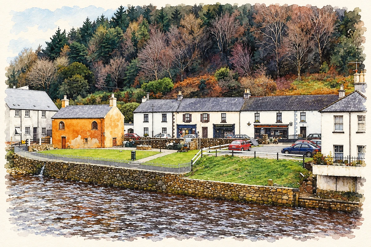 Watercolour and fine ink illustration of The River Avoca and riverside village, as photographed in March 2001.