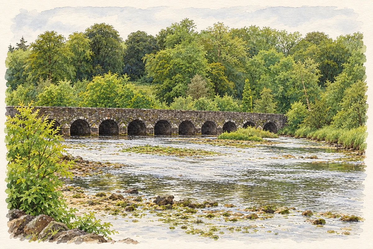 Watercolour and fine ink illustration of Palmerstown Bridge over the Cloonaghmore River, County Mayo, as photographed in June 2007.