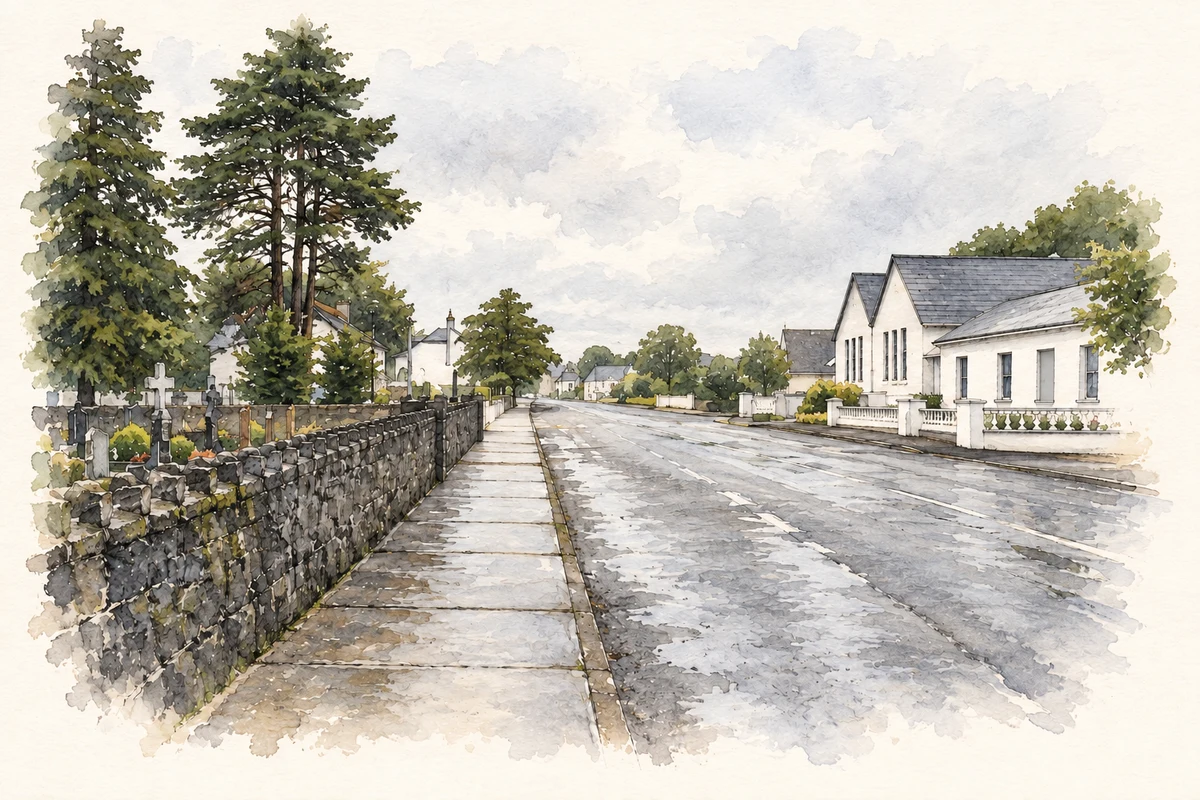 Watercolour and fine ink illustration of Main street of Irishtown (Dry Mills), as photographed in2014.