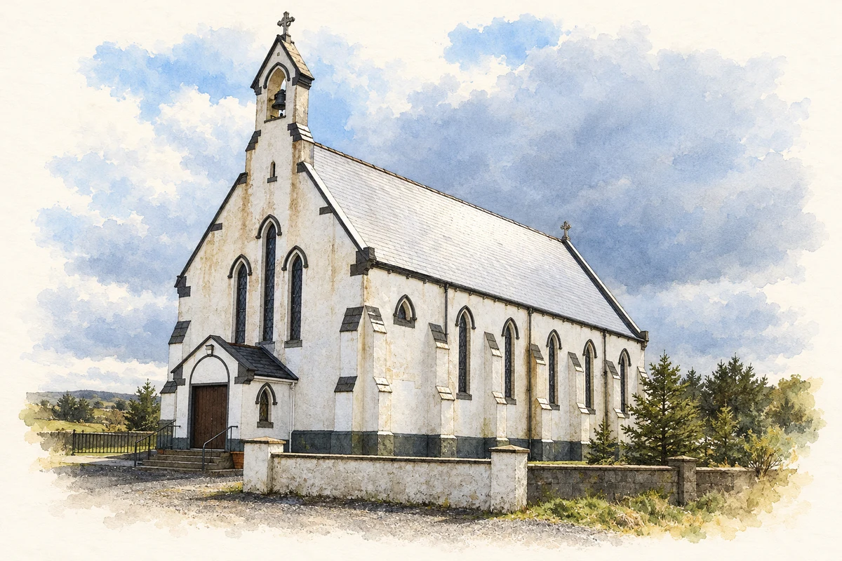 Watercolour and fine ink illustration of Saint Paul’s Church near Glenamoy, as photographed in 2007.