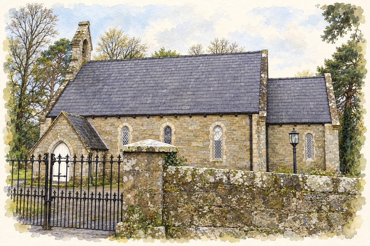 Watercolour and fine ink illustration of Killinagh Church of Ireland, near Blacklion, County Cavan.