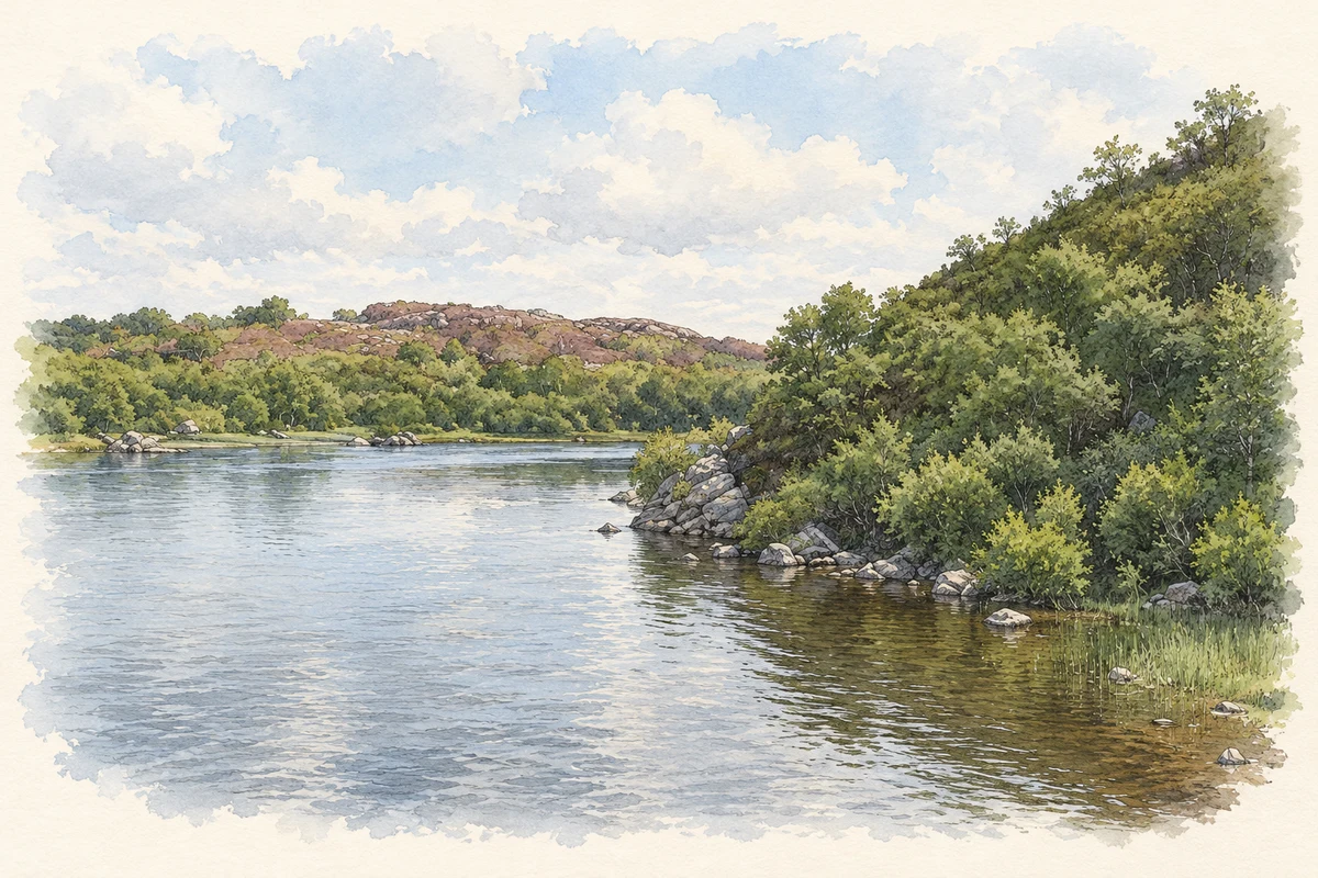 Watercolour and fine ink illustration of Lough Cullin from Pontoon Bridge, County Mayo.