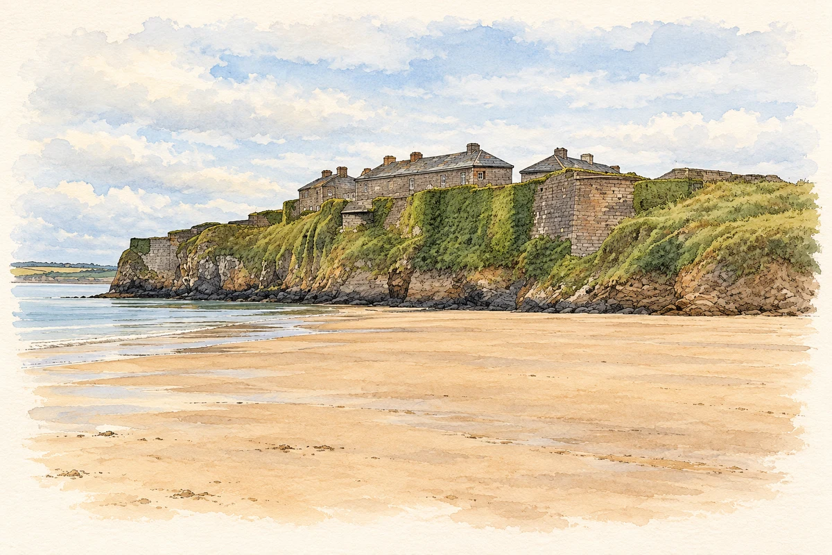 Watercolour and fine ink illustration of Duncannon Fort from the beach.