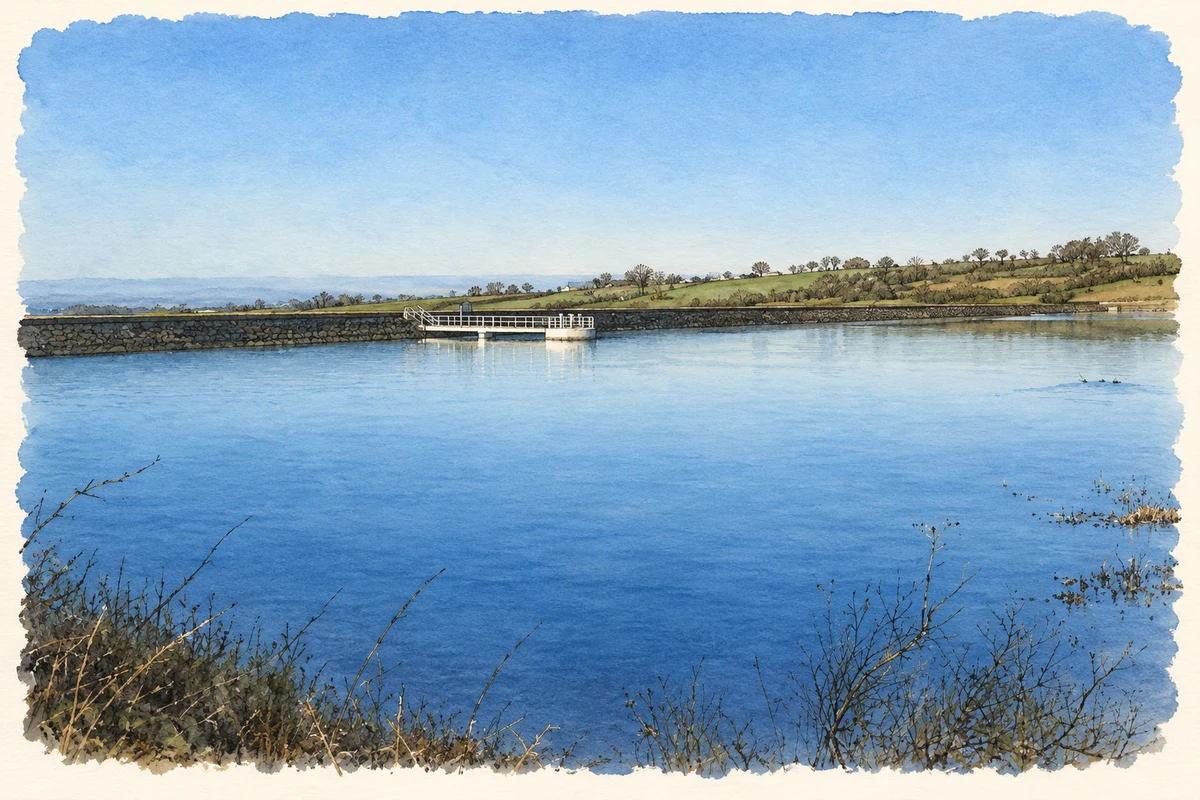 Watercolour and fine ink illustration of Leathemstown reservoir, as photographed in 2005.