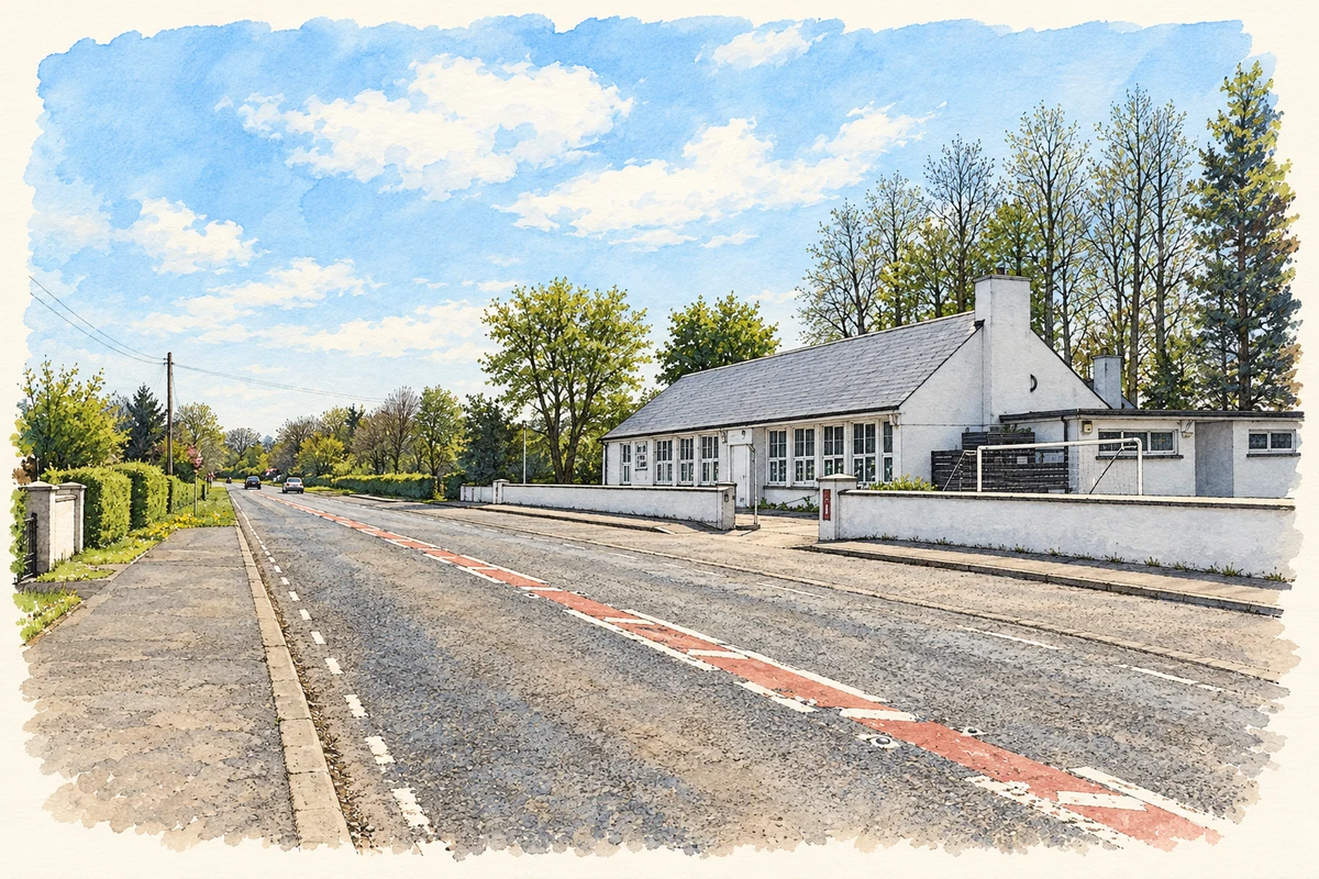 Watercolour and fine ink illustration of Culcrow Primary School on Curragh Road, as photographed in May 2017.