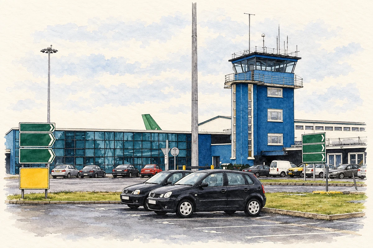 Watercolour and fine ink illustration of Shannon Airport terminal and control tower, as photographed in October 2002.