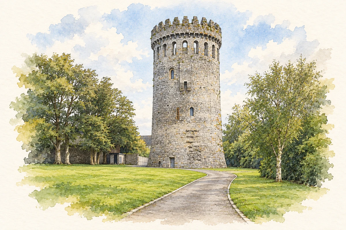 Watercolour and fine ink illustration of Nenagh Castle keep, County Tipperary in Nenagh.