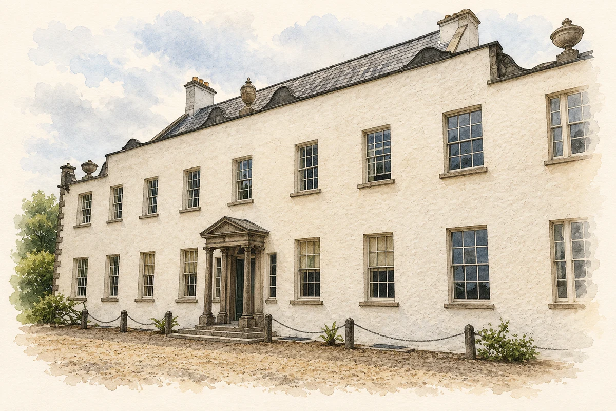 Watercolour and fine ink illustration of Ardress House, entrance facade.