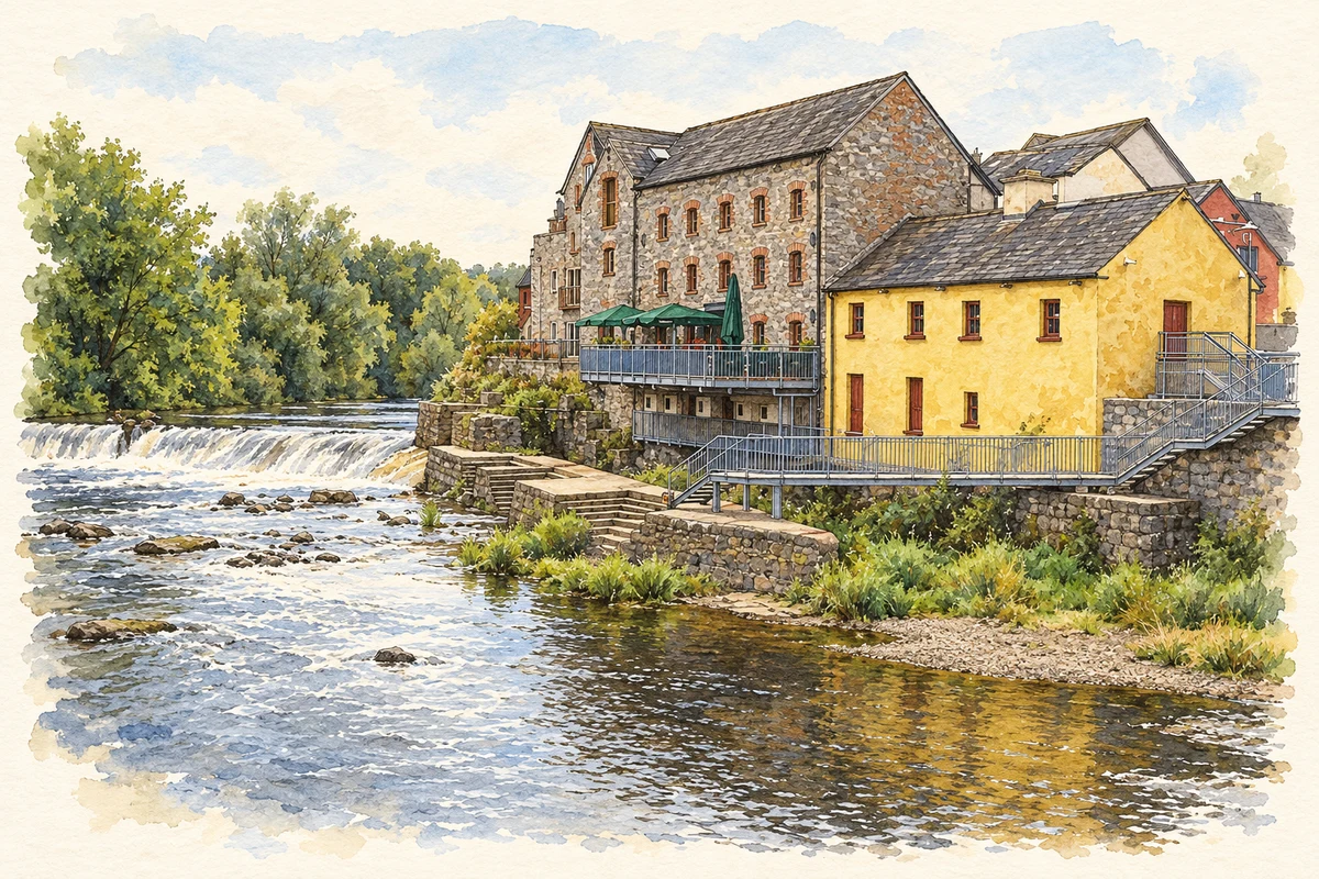 Watercolour and fine ink illustration of Annacotty Mill and the River Mulkear.