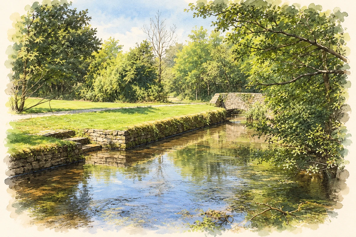 Watercolour and fine ink illustration of Curraheen River in Bishopstown Park (Murphy's Farm), Cork.