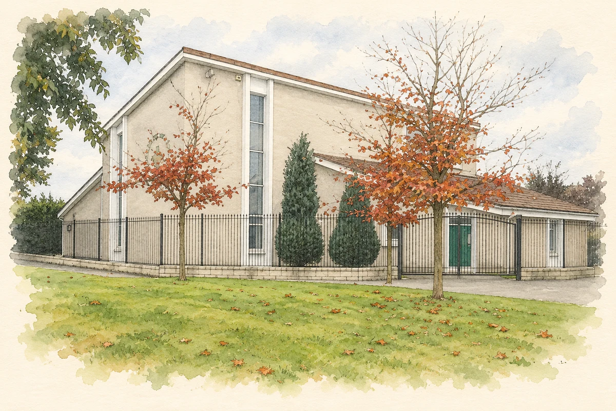 Watercolour and fine ink illustration of Saint Ciaran’s Church at Hartstown, as photographed in 2007.