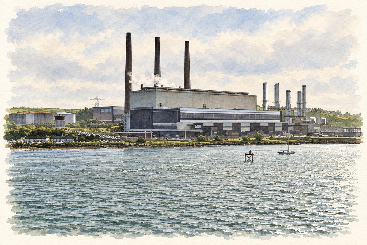 Watercolour and fine ink illustration of Ballylumford Power Station, 2017 reconstruction.