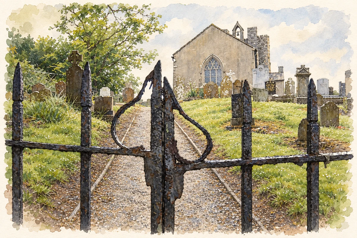 Watercolour and fine ink illustration of Church and graveyard, Balrothery, County Dublin.