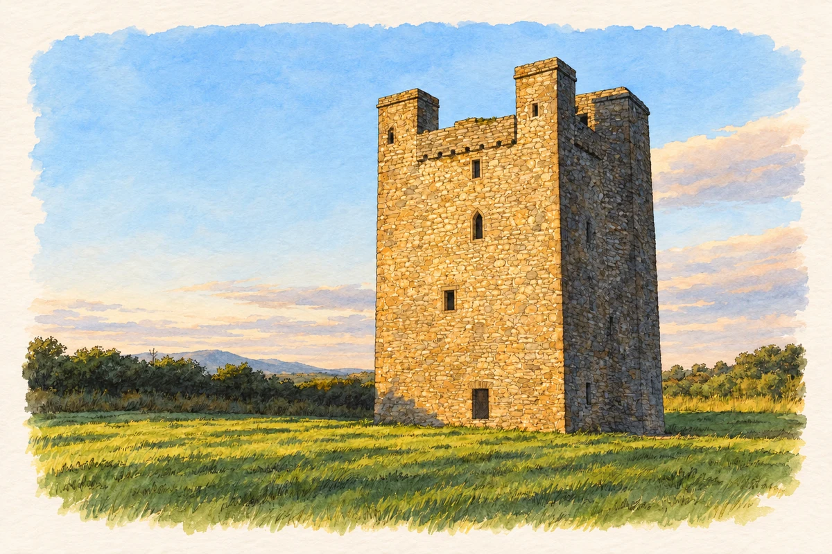 Watercolour and fine ink illustration of Roodstown Castle, County Louth, as photographed in July 2008.