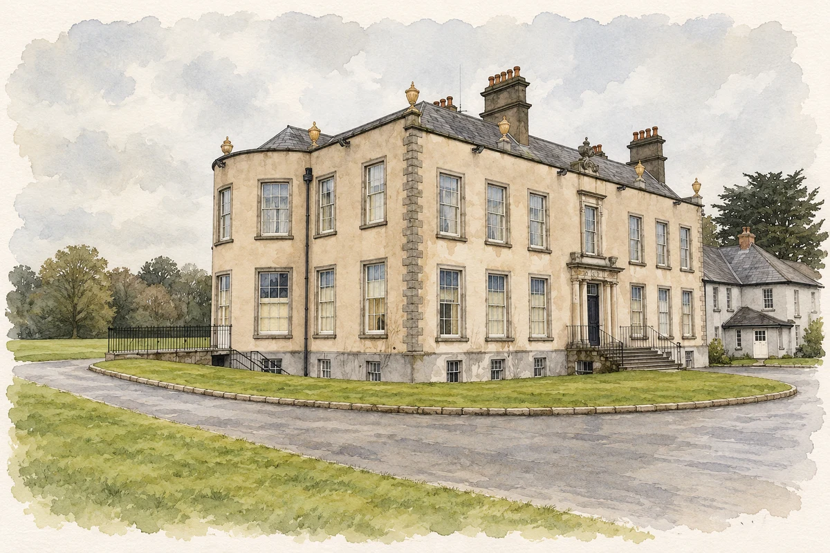 Watercolour and fine ink illustration of Marlay House near Ballinteer, Dublin.
