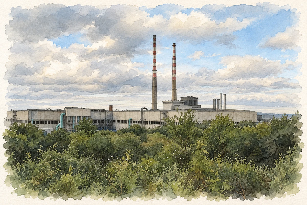 Watercolour and fine ink illustration of Ringsend Power Station seen from Irishtown Nature Park, Dublin.