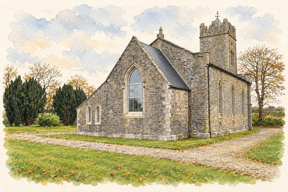 Watercolour and fine ink illustration of Clonevin Church near Ballygarrett, County Wexford.