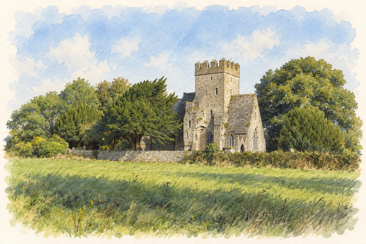 Watercolour and fine ink illustration of Saint Doulagh's Church, near Balgriffin, County Dublin.
